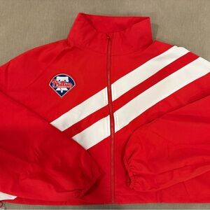 Red Phillies Jacket with White Stripes. Women’s size medium